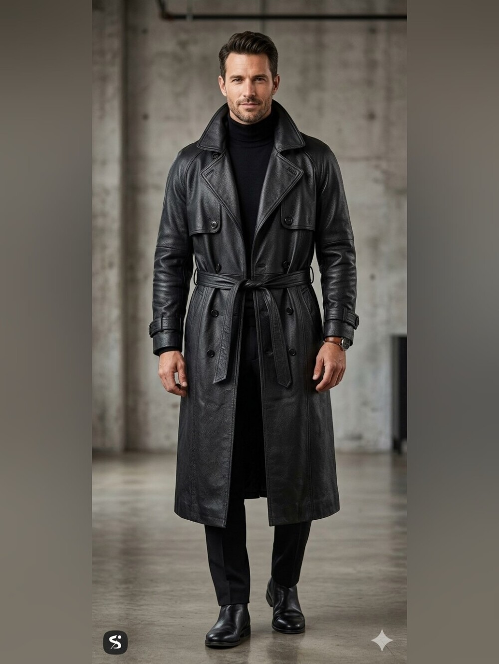 Vintage PHASE 2 Men's Large Black Leather Trench Coat Removable Fur Like Liner
